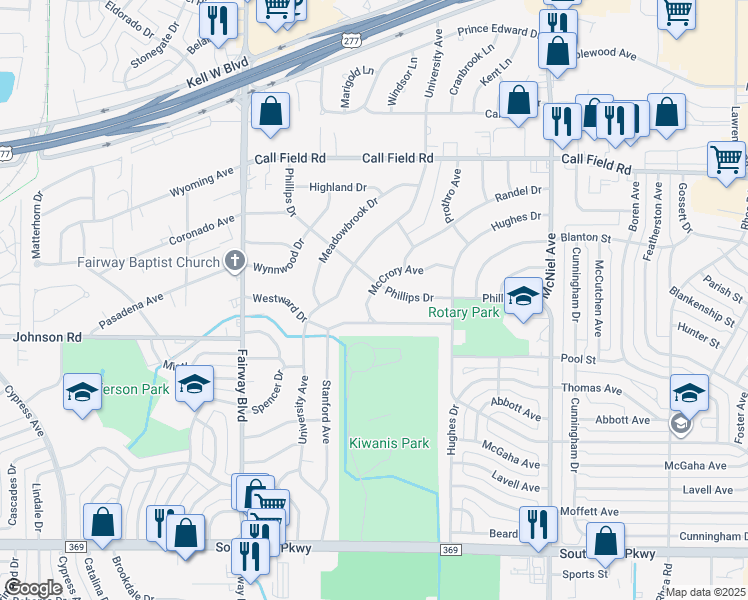 map of restaurants, bars, coffee shops, grocery stores, and more near 4504 McCrory Avenue in Wichita Falls