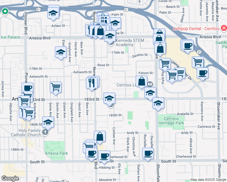 map of restaurants, bars, coffee shops, grocery stores, and more near 12314 Carnaby Street in Cerritos