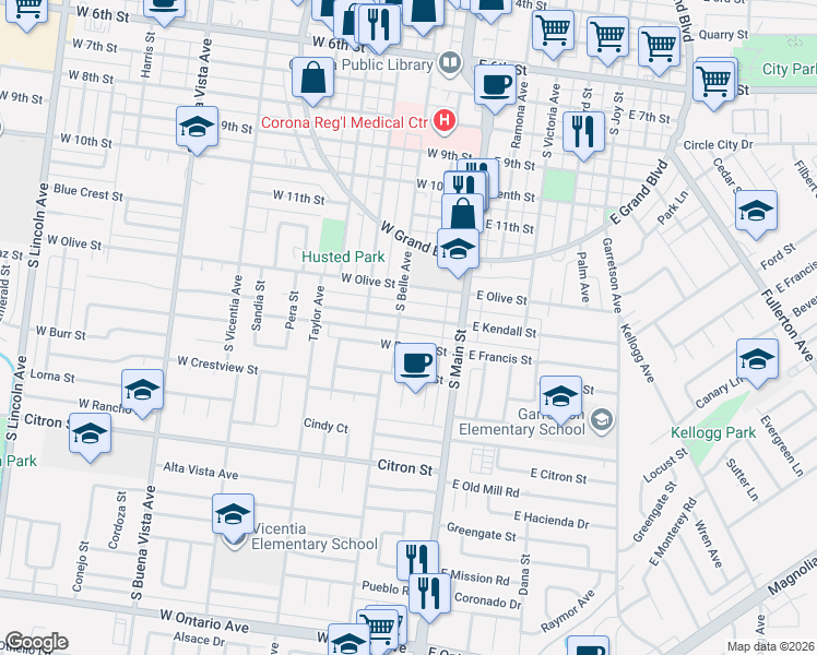 map of restaurants, bars, coffee shops, grocery stores, and more near 224 West Kendall Street in Corona