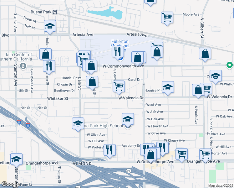 map of restaurants, bars, coffee shops, grocery stores, and more near 241 Turner Avenue in Fullerton