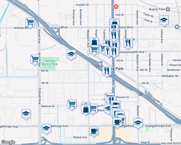 map of restaurants, bars, coffee shops, grocery stores, and more near 7532 8th Street in Buena Park