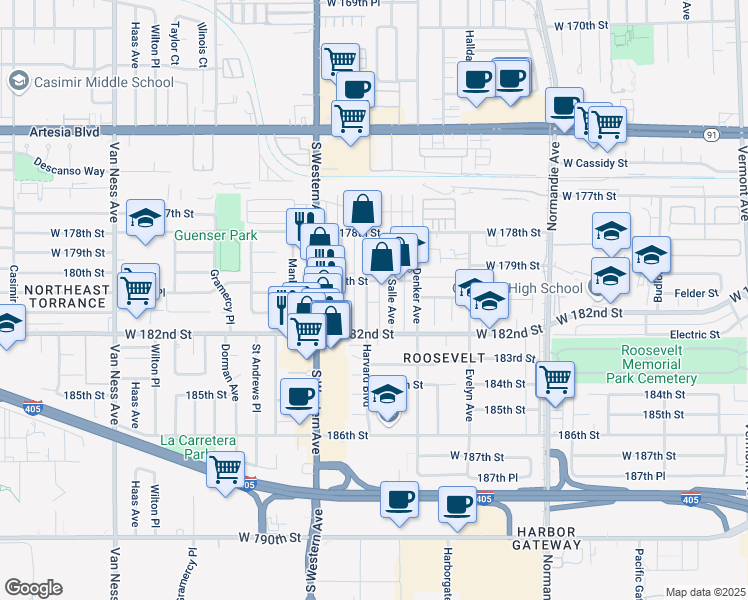 map of restaurants, bars, coffee shops, grocery stores, and more near 18011 La Salle Avenue in Gardena