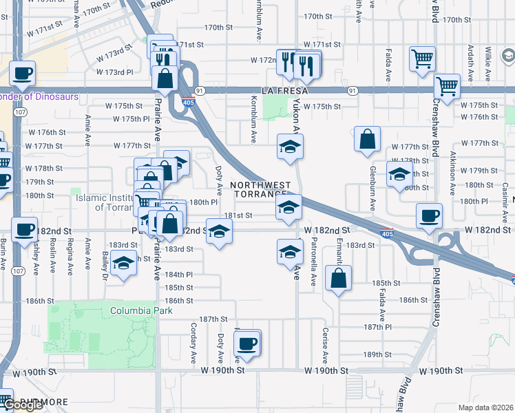 map of restaurants, bars, coffee shops, grocery stores, and more near 3714 180th Place in Torrance