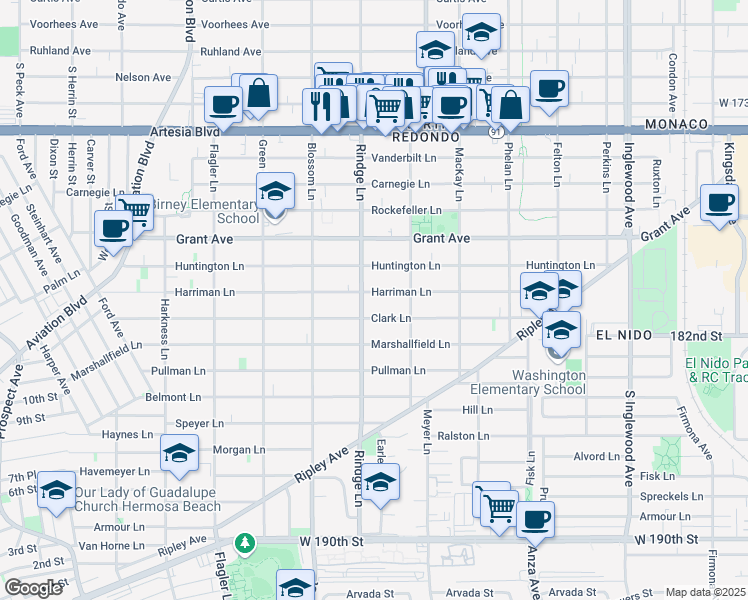map of restaurants, bars, coffee shops, grocery stores, and more near 2200 Harriman Lane in Redondo Beach