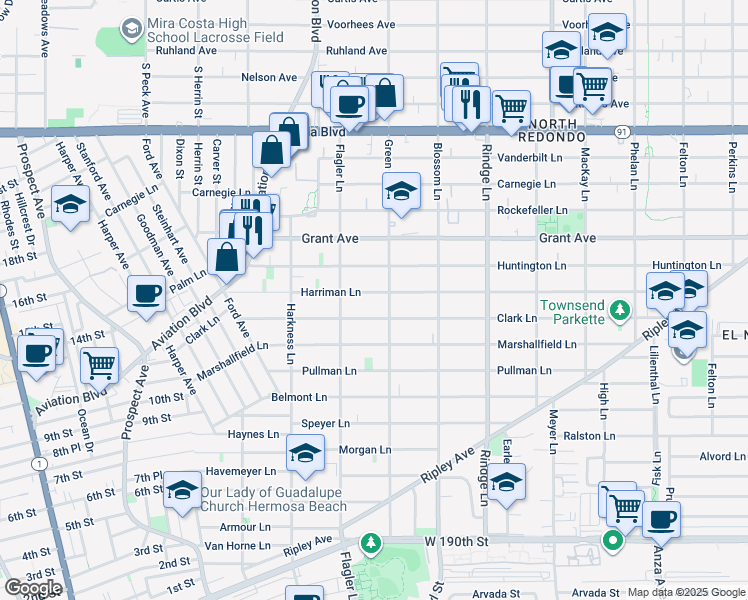 map of restaurants, bars, coffee shops, grocery stores, and more near 1924 Harriman Lane in Redondo Beach