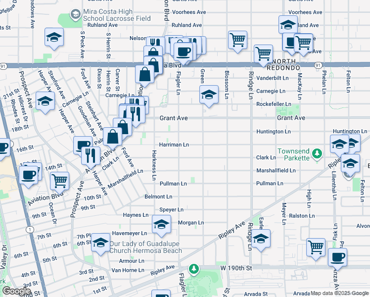 map of restaurants, bars, coffee shops, grocery stores, and more near 1904 Harriman Lane in Redondo Beach