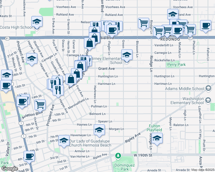 map of restaurants, bars, coffee shops, grocery stores, and more near 1812 Harriman Lane in Redondo Beach