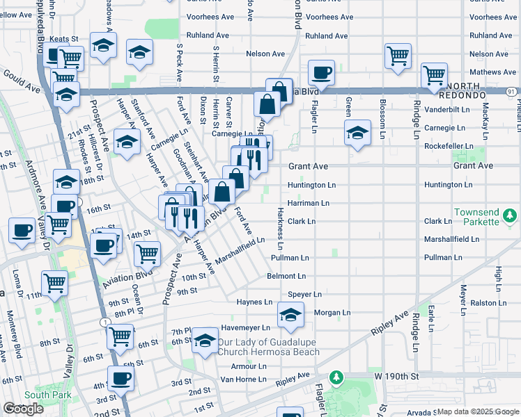 map of restaurants, bars, coffee shops, grocery stores, and more near 1710A Harriman Lane in Redondo Beach