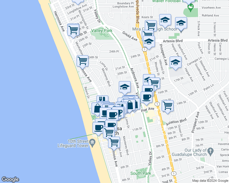 map of restaurants, bars, coffee shops, grocery stores, and more near 1818 Monterey Boulevard in Hermosa Beach