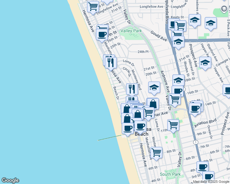 map of restaurants, bars, coffee shops, grocery stores, and more near in Hermosa Beach