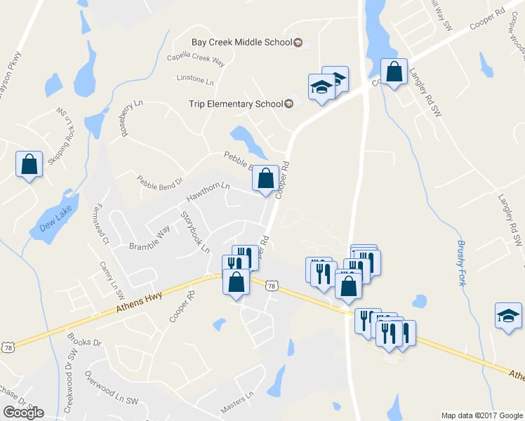 map of restaurants, bars, coffee shops, grocery stores, and more near Hawthorn Lane in Grayson