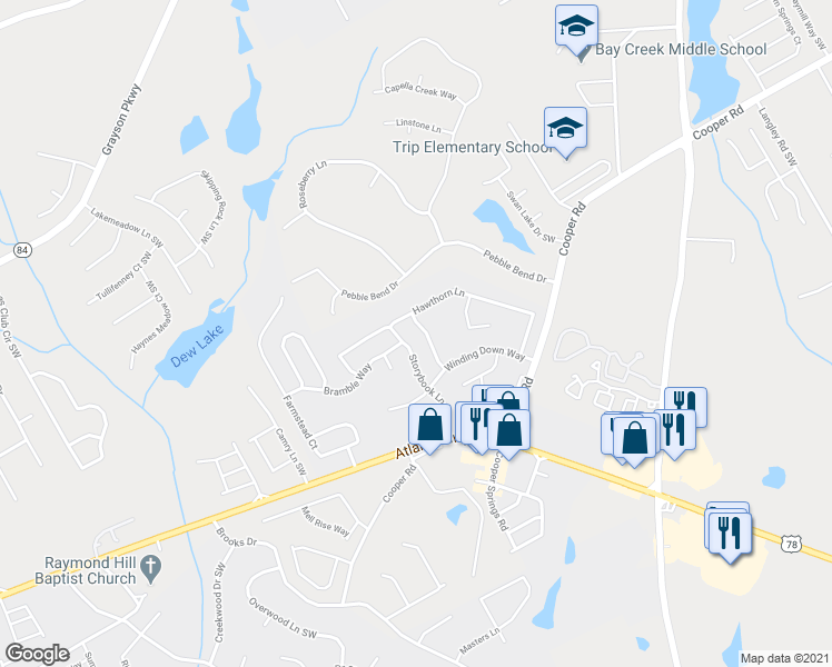 map of restaurants, bars, coffee shops, grocery stores, and more near 2807 Nathaniel Way in Grayson