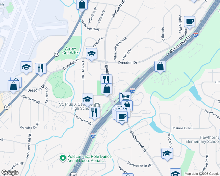 map of restaurants, bars, coffee shops, grocery stores, and more near 2731 Shallowford Road in Atlanta