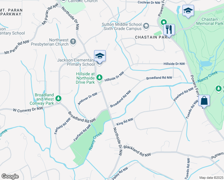 map of restaurants, bars, coffee shops, grocery stores, and more near 4140 Hillside Place in Atlanta