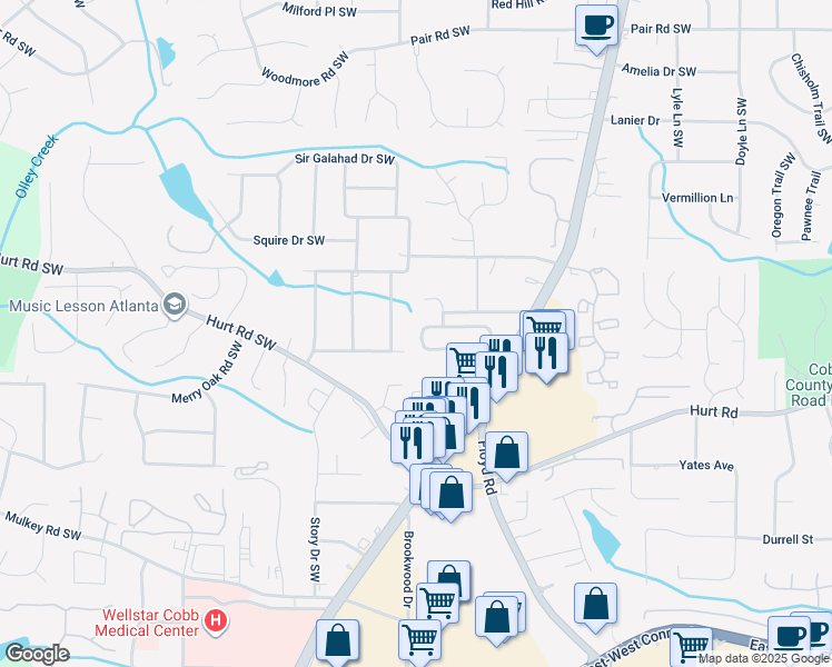 map of restaurants, bars, coffee shops, grocery stores, and more near 1490 Park Brooke Circle Southwest in Marietta