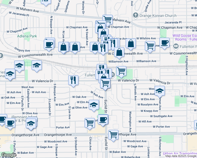 map of restaurants, bars, coffee shops, grocery stores, and more near 1101 West Valencia Drive in Fullerton