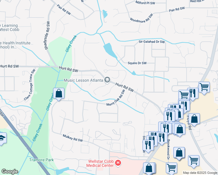 map of restaurants, bars, coffee shops, grocery stores, and more near 3518 Ashley Station Drive Southwest in Marietta