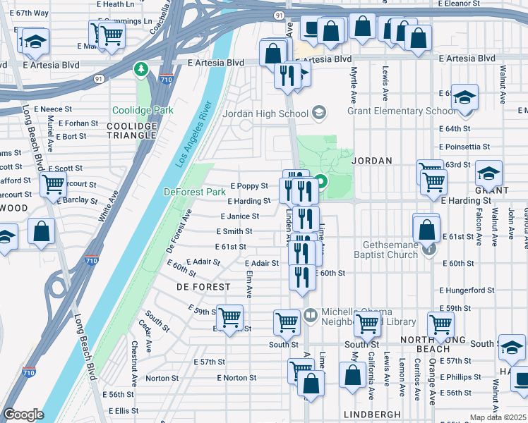 map of restaurants, bars, coffee shops, grocery stores, and more near 430 East Harding Street in Long Beach