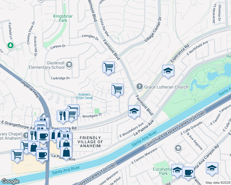 map of restaurants, bars, coffee shops, grocery stores, and more near 6442 New Gate Way in Yorba Linda