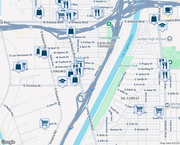 map of restaurants, bars, coffee shops, grocery stores, and more near 205 East Allington Street in Long Beach