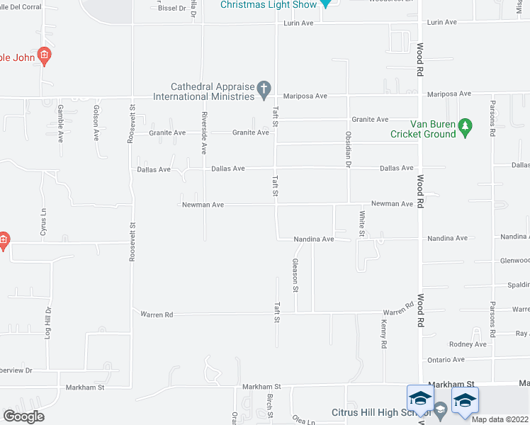 map of restaurants, bars, coffee shops, grocery stores, and more near 18437 Newman Avenue in Riverside
