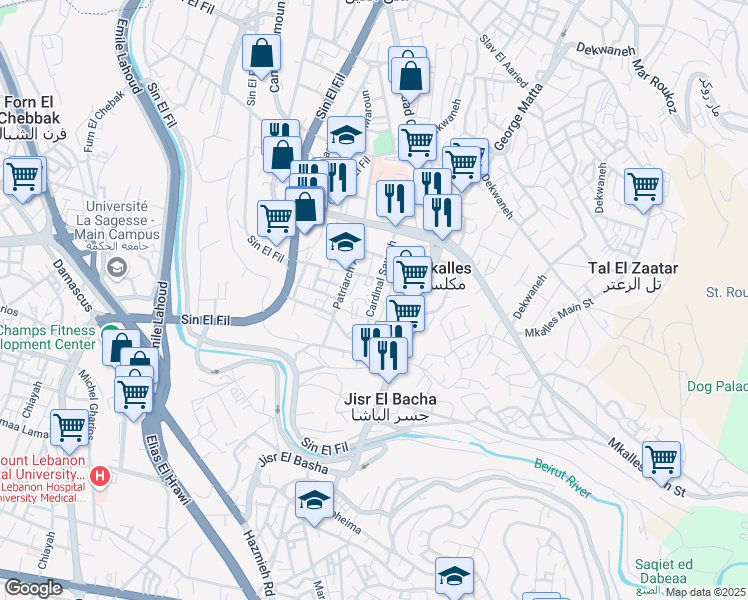 map of restaurants, bars, coffee shops, grocery stores, and more near Cardinal Sayegh in Matn
