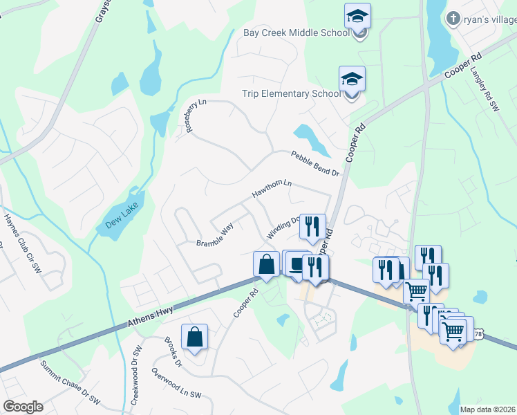 map of restaurants, bars, coffee shops, grocery stores, and more near 2807 Nathaniel Way in Grayson