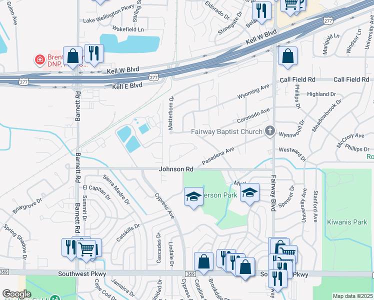 map of restaurants, bars, coffee shops, grocery stores, and more near 4830 Shenandoah Drive in Wichita Falls