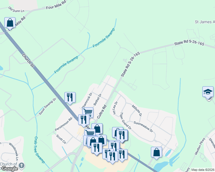 map of restaurants, bars, coffee shops, grocery stores, and more near 3114 Cultra Road in Conway