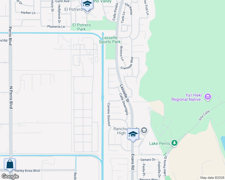 map of restaurants, bars, coffee shops, grocery stores, and more near 25949 Avenida Espaldar in Moreno Valley