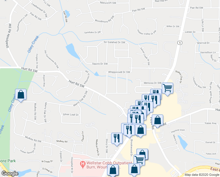 map of restaurants, bars, coffee shops, grocery stores, and more near 3553 Pine Needle Drive Southwest in Marietta