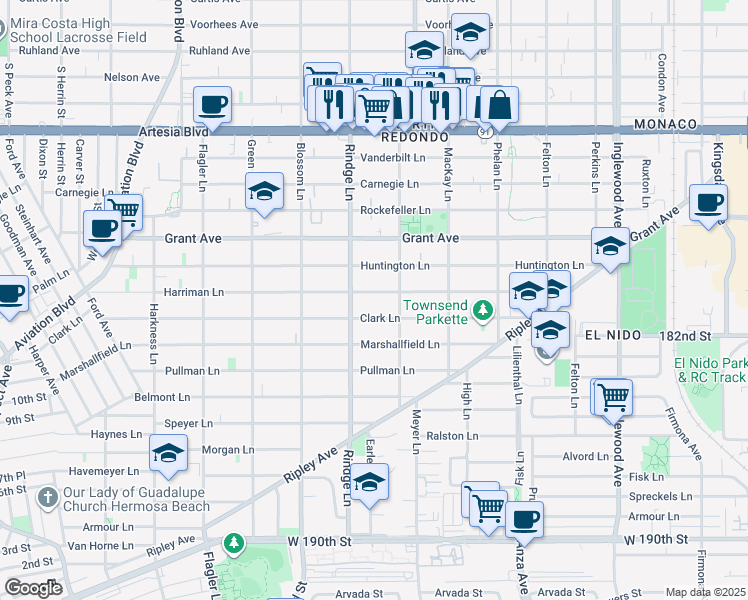 map of restaurants, bars, coffee shops, grocery stores, and more near in Redondo Beach