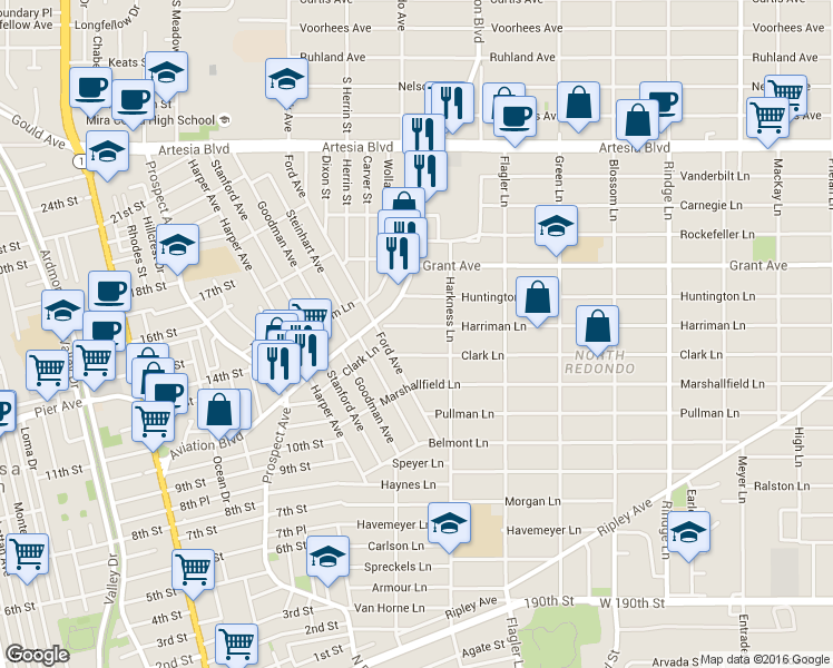 map of restaurants, bars, coffee shops, grocery stores, and more near 1716 Harriman Lane in Redondo Beach