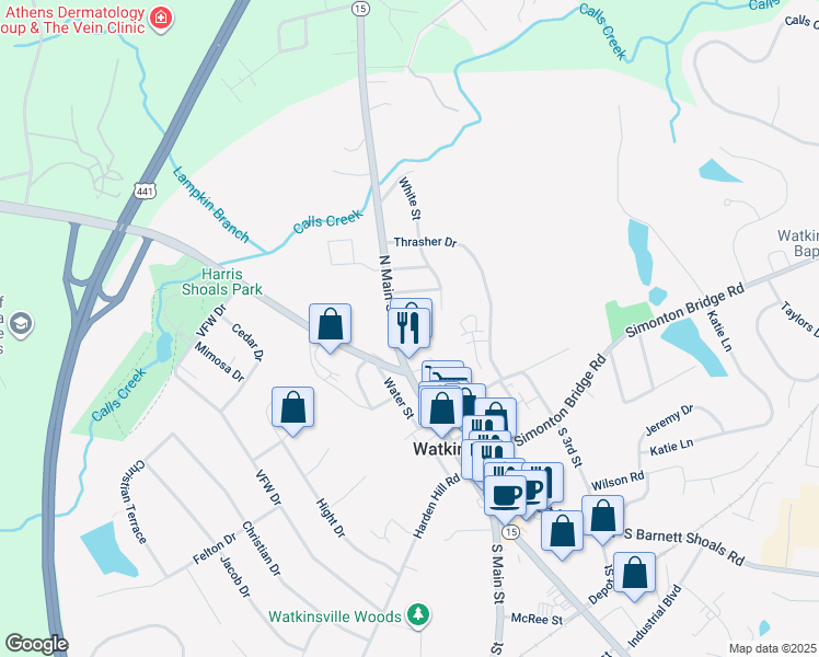 map of restaurants, bars, coffee shops, grocery stores, and more near 3 Cedar Hill Circle in Watkinsville