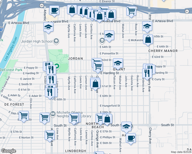 map of restaurants, bars, coffee shops, grocery stores, and more near 6171 Orange Avenue in Long Beach