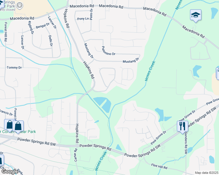 map of restaurants, bars, coffee shops, grocery stores, and more near 3516 Hopkins Court in Powder Springs