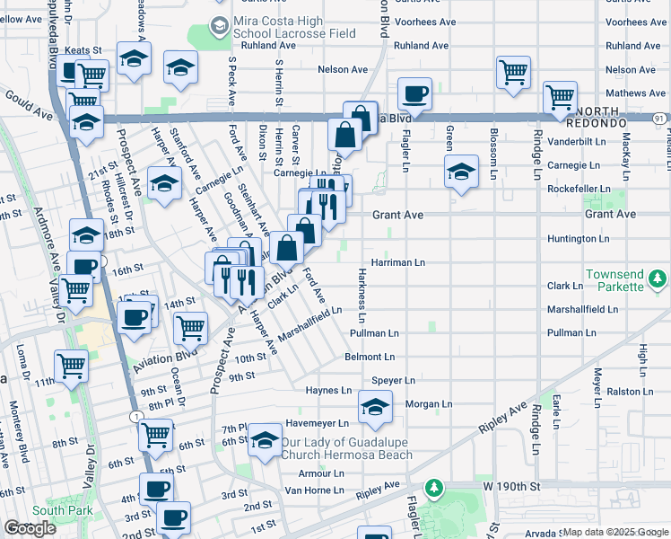 map of restaurants, bars, coffee shops, grocery stores, and more near 1716 1/2 Harriman Lane in Redondo Beach