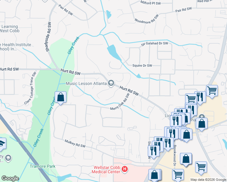 map of restaurants, bars, coffee shops, grocery stores, and more near 3516 Ashley Station Drive in Marietta