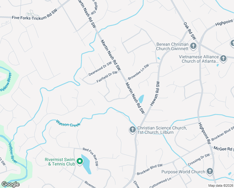 map of restaurants, bars, coffee shops, grocery stores, and more near 1457 Manchester Court Southwest in Lilburn