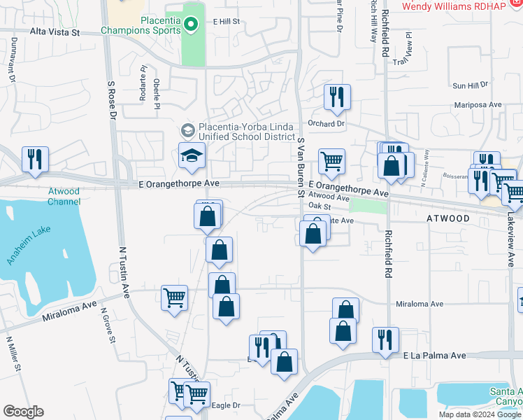 map of restaurants, bars, coffee shops, grocery stores, and more near 1556 Topeka Avenue in Placentia