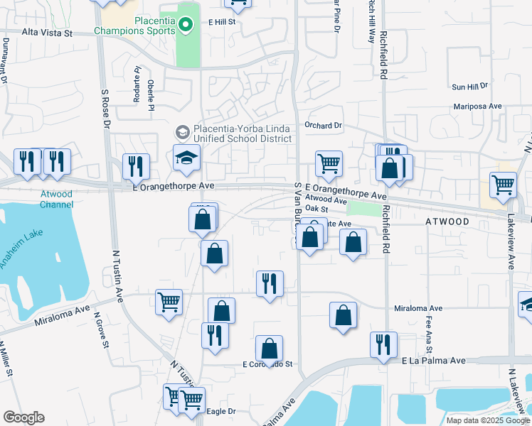 map of restaurants, bars, coffee shops, grocery stores, and more near 1562 Topeka Avenue in Placentia