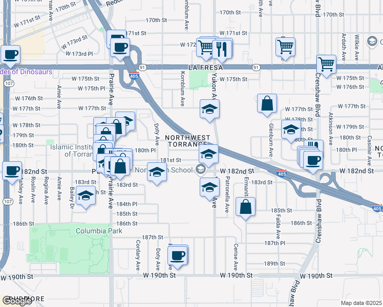 map of restaurants, bars, coffee shops, grocery stores, and more near 3642 180th Place in Torrance