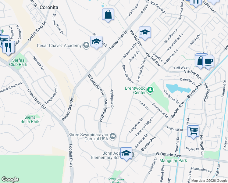 map of restaurants, bars, coffee shops, grocery stores, and more near 2139 Applegate Drive in Corona