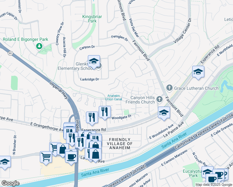 map of restaurants, bars, coffee shops, grocery stores, and more near 19836 White Spring Lane in Yorba Linda
