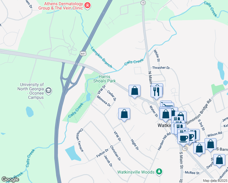 map of restaurants, bars, coffee shops, grocery stores, and more near 98 Cedar Dr in Watkinsville