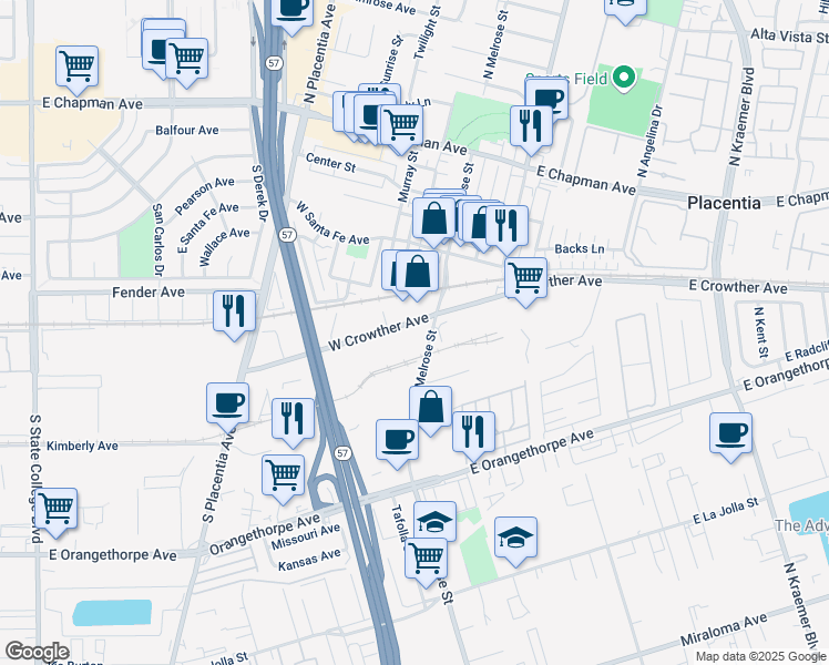 map of restaurants, bars, coffee shops, grocery stores, and more near 505 South Melrose Street in Placentia