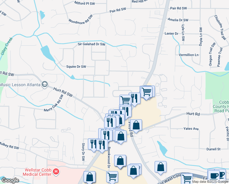 map of restaurants, bars, coffee shops, grocery stores, and more near 1490 Park Brooke Circle Southwest in Marietta