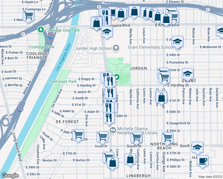 map of restaurants, bars, coffee shops, grocery stores, and more near 6184 Atlantic Avenue in Long Beach
