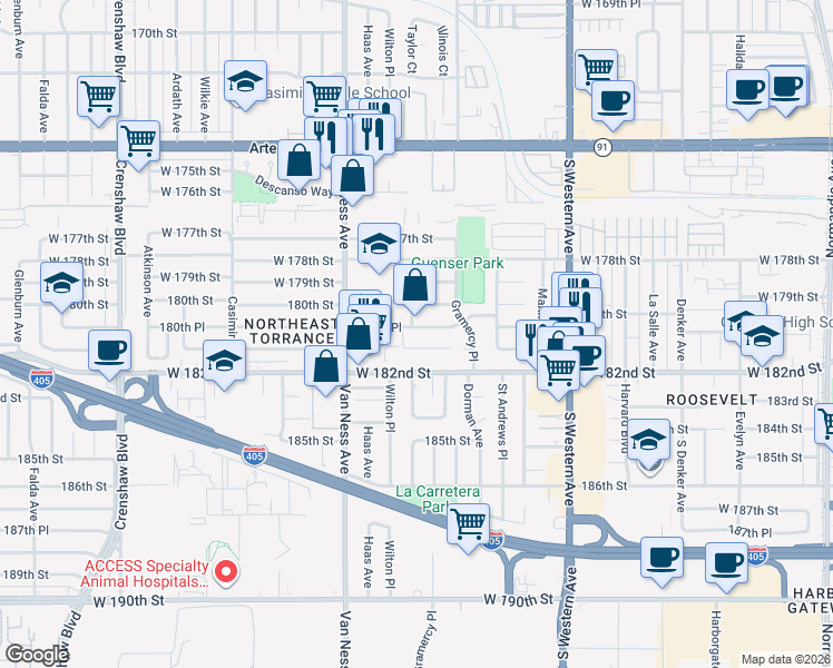 map of restaurants, bars, coffee shops, grocery stores, and more near 2034 180th Place in Torrance