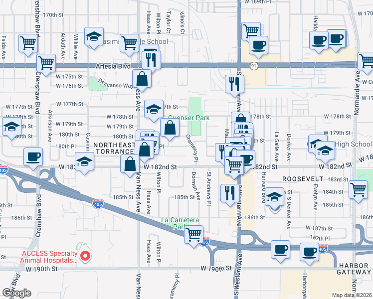 map of restaurants, bars, coffee shops, grocery stores, and more near 2006 180th Place in Torrance